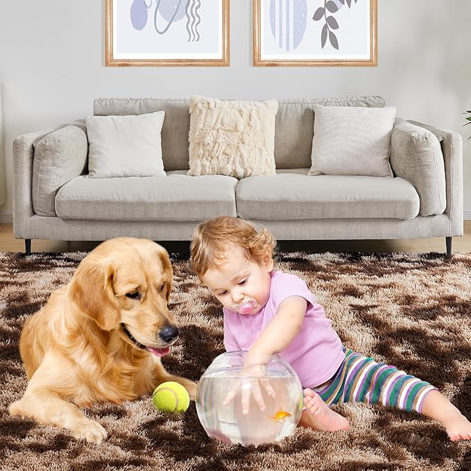 6x9 Area Rugs for Living Room, Fluffy Shaggy Bedroom Rug Indoor Carpet, Anti-Skid Soft High Pile Rug for Nursery, Kids Room, Bedside, Home Decoration, Tie-Dyed Brown-CubbioJoy