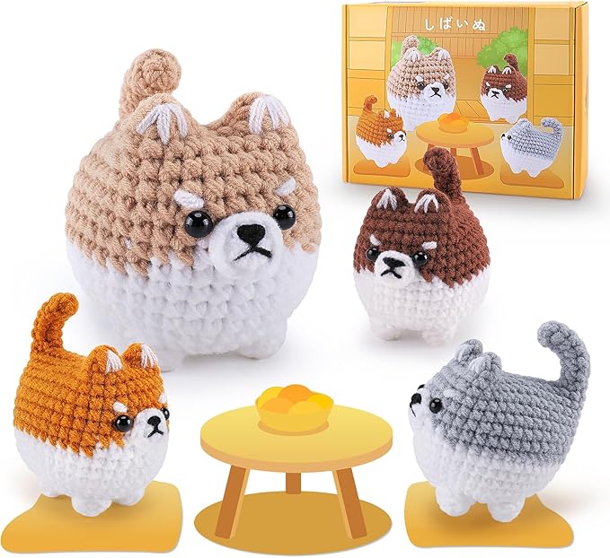Crochet Kit for Beginners- 4 PCS Fat Shiba Inu Crochet Kits for Adults, 4PCS Corgi Dog Crochet Animal Kit with Step-by-Step Video Tutorials, Yarn, Crochet Hook, Instructions DIY Knitting Kit-CubbioJoy
