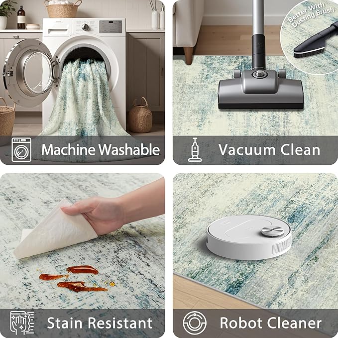 Area Rug 9x12 Washable Rugs: Abstract Large Living Room Rugs with Non-Slip Backing, Thin Carpet for Dining Room Table Bedroom Nursery Indoor Home Office-Blue/Gray-CubbioJoy