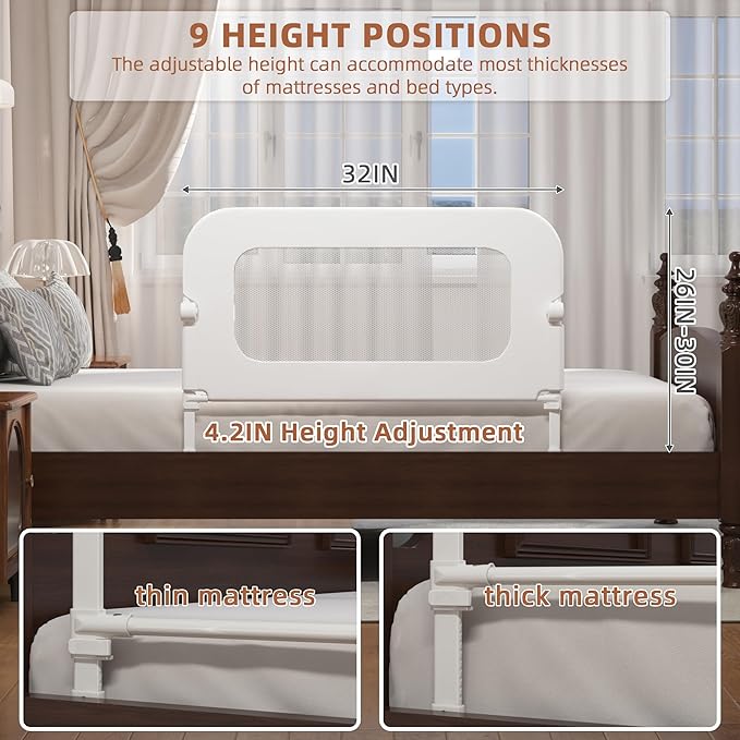 Bed Rail for Toddlers, Baby Bed Rail Guard for Kids, Toddler Bed Rails with Reinforced Anchor Fit, Height Adjustable & Foldable Bed Rail Guard for Twin, Full, Queen & King Beds (White, 32IN)-CubbioJoy
