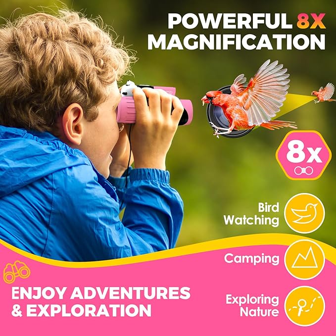 Binoculars for Kids, Toys for 3-12 Year Old Girls and Boys, Bird Watching Hiking Outdoor Learning Toy with Magnifying Glass &Compass, Birthday Easter Gifts Toys for Boy Kid Ages 3-6 (Pink)-CubbioJoy