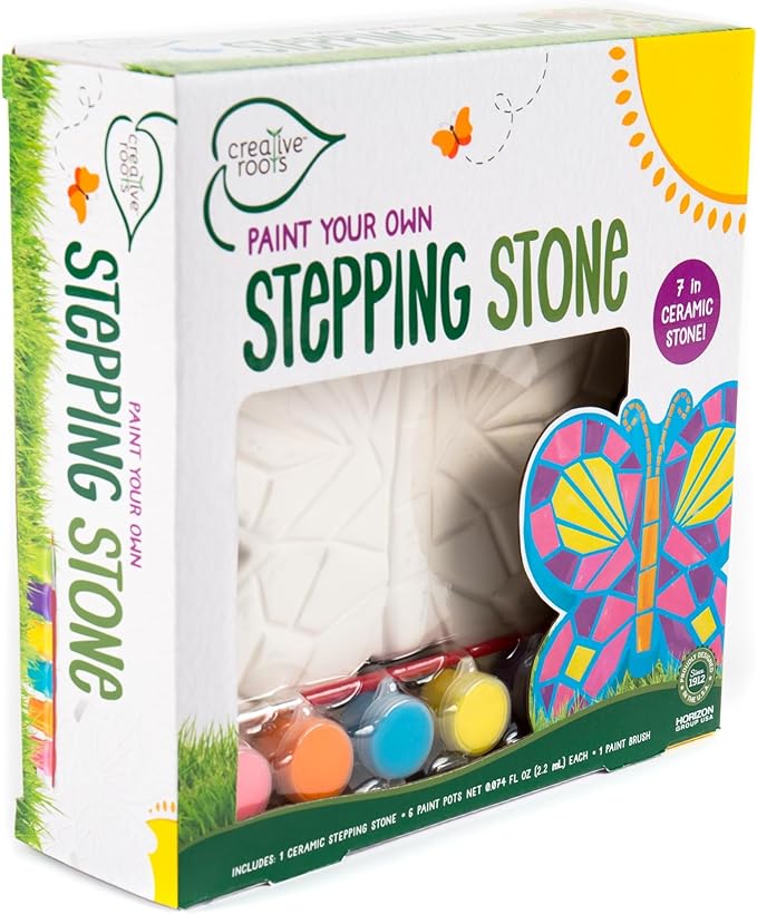 Creative Roots Mosaic Butterfly Stepping Stone Kit, Includes 7-Inch Ceramic Stepping Stone & 6 Vibrant Paints, Paint Your Own Stepping Stone, DIY Stepping Stone for Kids Ages 8+ White-CubbioJoy