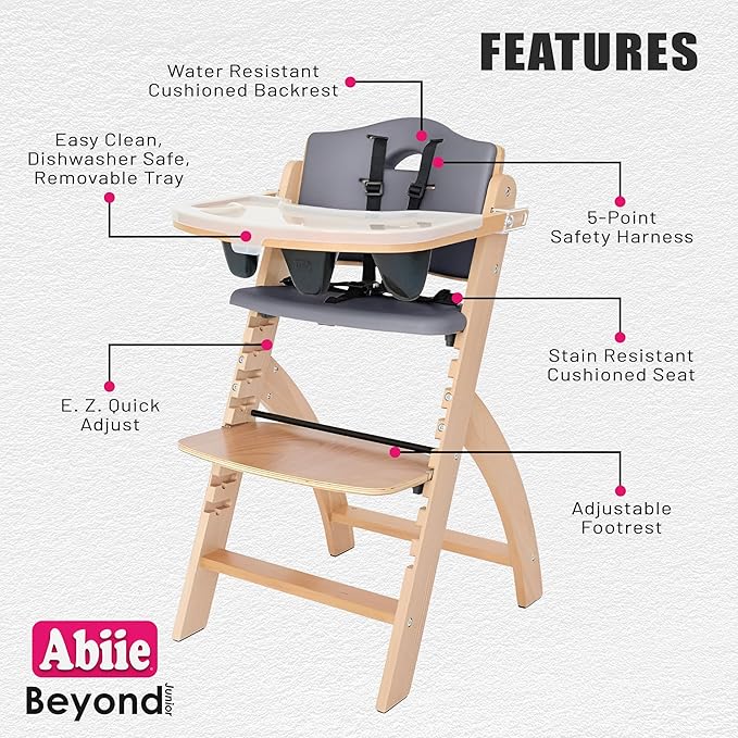 Abiie Beyond Junior Wooden High Chair with Tray - Adjustable and Convertible High Chair for Babies and Toddlers - 6 Months to 250 Lb - Water Resistant - Natural Wood with Dark Grey Cushion-CubbioJoy