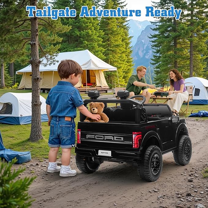 24V Ride on Car Licensed Ford F-150 Raptor, Kids Electric Car with Remote Control, LED Light/Music/MP3, Truck Bed Storage, 3-Point Seat Belt (24V, Black)-CubbioJoy