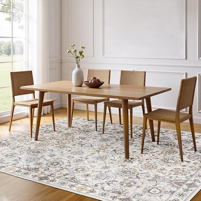 6x9 Area Rug for Living Room & Bedroom, Washable Non-Slip Vintage Rugs, Neutral Floral Soft Carpet, Low Pile Wool Carpets for Indoor Dining Home Office Playroom Under Table, Beige-CubbioJoy