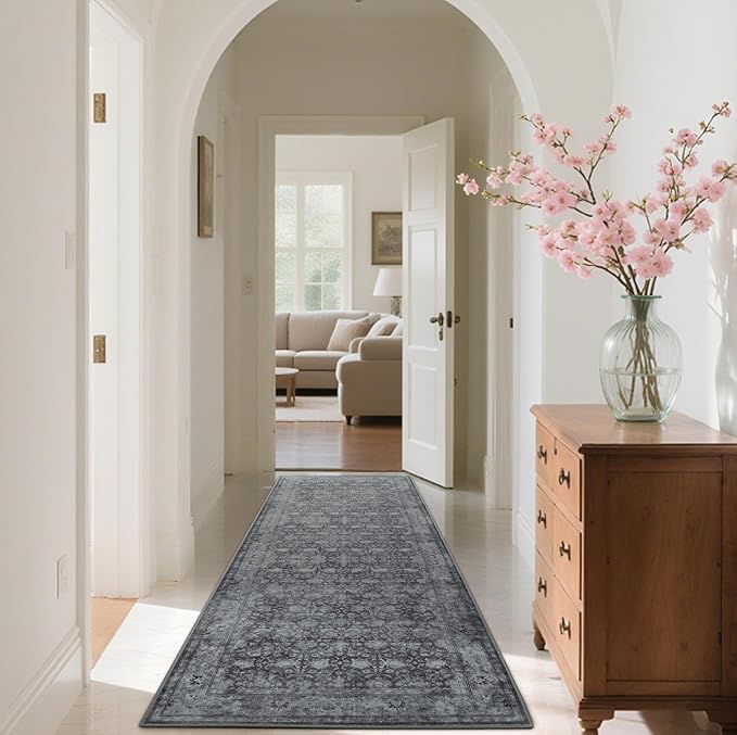 2'6"x8' Washable Runner Rug for Hallway, Non Slip Vintage Floral Long Carpet Runners for Entryway, Kitchen, Bathroom, Bedroom, Low Pile Laundry Rugs with Rubber Backing (Distressed Grey)-CubbioJoy