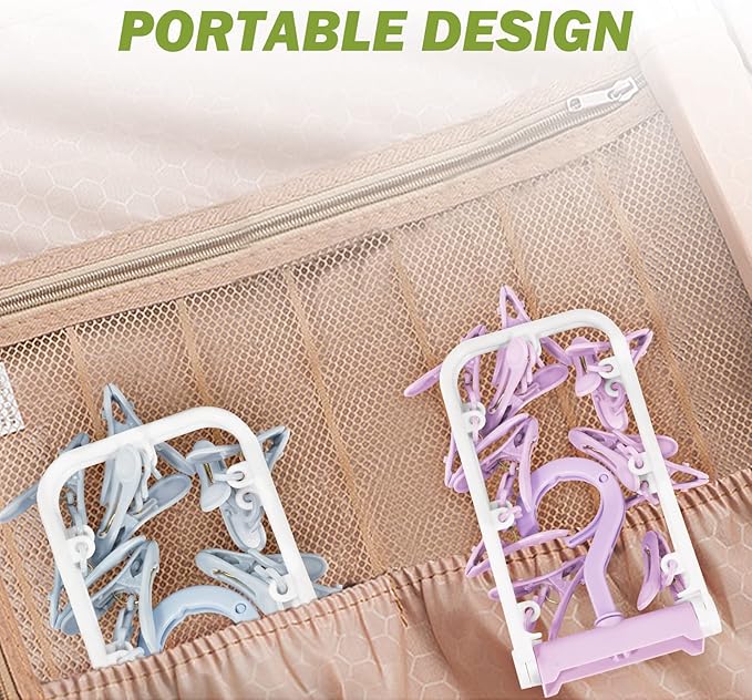 Clothes Drying Hanger with 12 Clips, 2 Pack Folding Portable Hanging Drying Rack,Drip Foldable Hanging Rack, 360° Rotatable Hook for Drying Towels Bras Baby Clothes Gloves Plastic(Blue&Purple)-CubbioJoy
