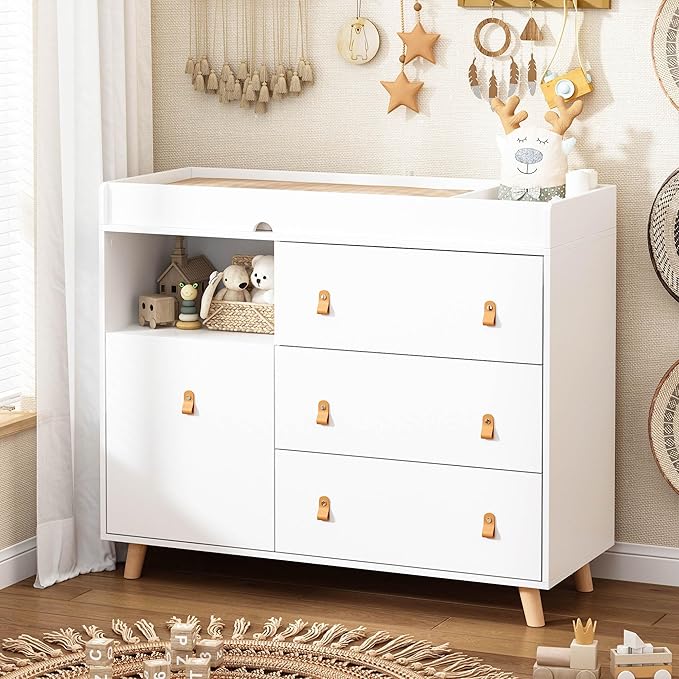 Baby Dresser Changing Table with Drawers,Shelf,Hidden Laundry Basket Storage,2 in 1 Nursery Dresser Chest for Infants, Baby Diaper Changing Station for Daycare,Bedroom,White-CubbioJoy