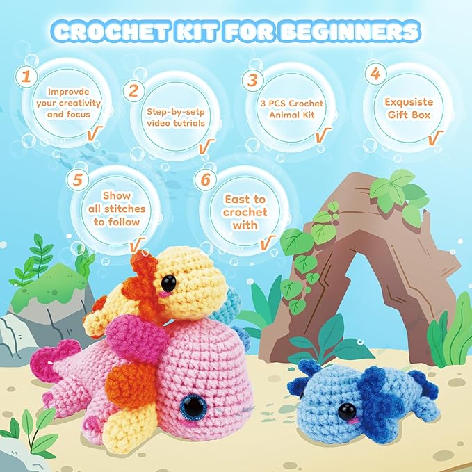Crochet Kit for Beginners-3PCS Axolotl Crochet Kits for Adults Kids, Crochet Starter Kit with Step-by-Step Video Tutorials, Crochet Animals Kits DIY Craft Knitting Kit Learn to Crochet Kits for Adults-CubbioJoy