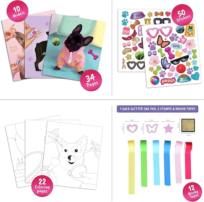BSCOOL Dog in Style – Design Your Pet Fashion with 25 Coloring Pages, 3 Stamps, 50+ Stickers, Washi Tapes and Guides. Discover Unique Outfits for Dogs. Educational. Travel Friendly for Ages 5 and up.-CubbioJoy