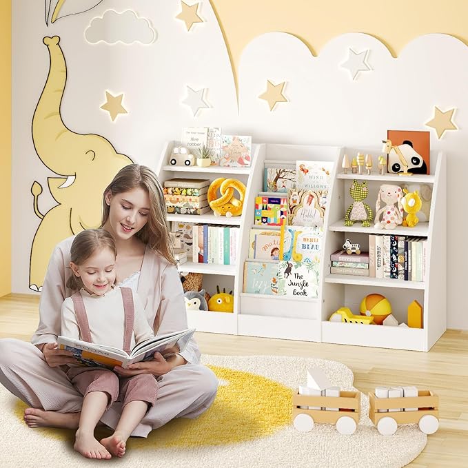 4 Tier Kids Bookshelf Set of 2, 4 Layer Sling Kids Book Shelf for Kids Rooms, XL Wood Children Bookcase,Baby Storage Book Rack,Toddler Bookshelf, Book and Toy Organizer,Book Display Shelf for Nursery-CubbioJoy