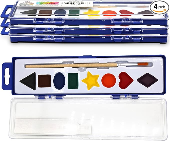 Color Swell Bulk Watercolor Paint Set – 4-Pack with 8 Washable Colors & Shape Learning Tools – Includes Strong Wood Brushes for Kids-CubbioJoy