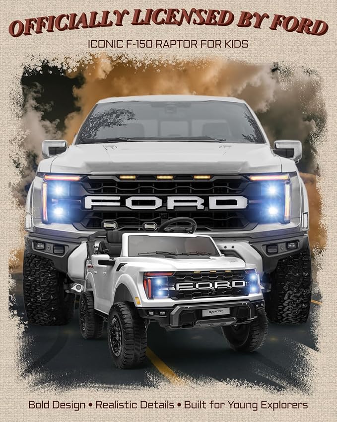 24V Kids Ride On Truck, Licensed Ford F-150 Raptor 2 Seater Electric Car w/Remote Control, Toddler Ride On Car Toys w/LED Lights, Bluetooth, Music, Truck Bed Storage, Soft Start (White)-CubbioJoy
