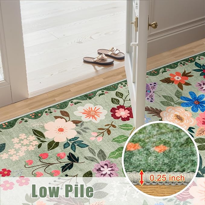 Area Rugs 9x12 Living Room: Floral Washable Rug Vintage Large Soft Boho Non-Slip Carpet Indoor Stain Resistant Low Pile Carpets for Bedroom Dining Room Farmhouse Nursery Hallway Home Office Green-CubbioJoy