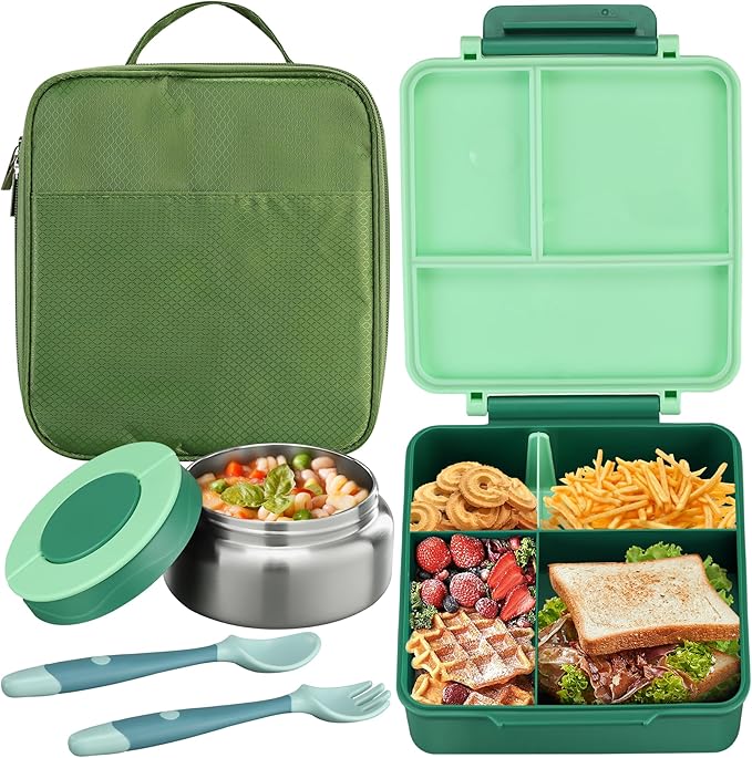 Bento Lunch Box for Kids with 8oz Soup Thermo&Lunch Bag, Leak-Proof Lunch Food Containers with 4 Compartment, Hot Food Insulated Food Jar for Kids School (Green)-CubbioJoy
