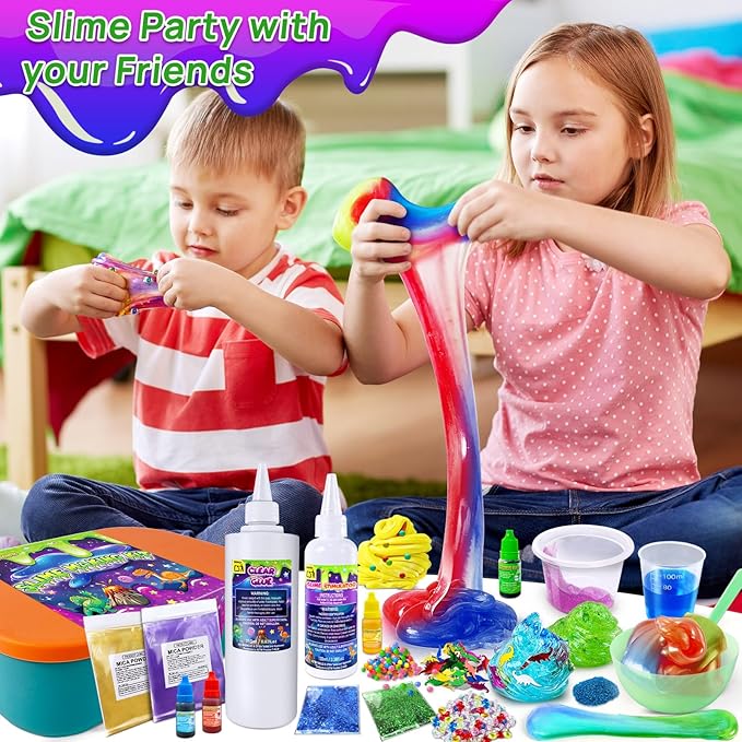 Dinosaur Slime Kit for Girls, Glimmer Crunchy, Galaxy Slime Making Kit for Kids 6-12, Glow in The Dark DIY Slime Kit with Add-ins, Foam Balls, Charms, Glitters, Dinosaur Gift Toys-CubbioJoy