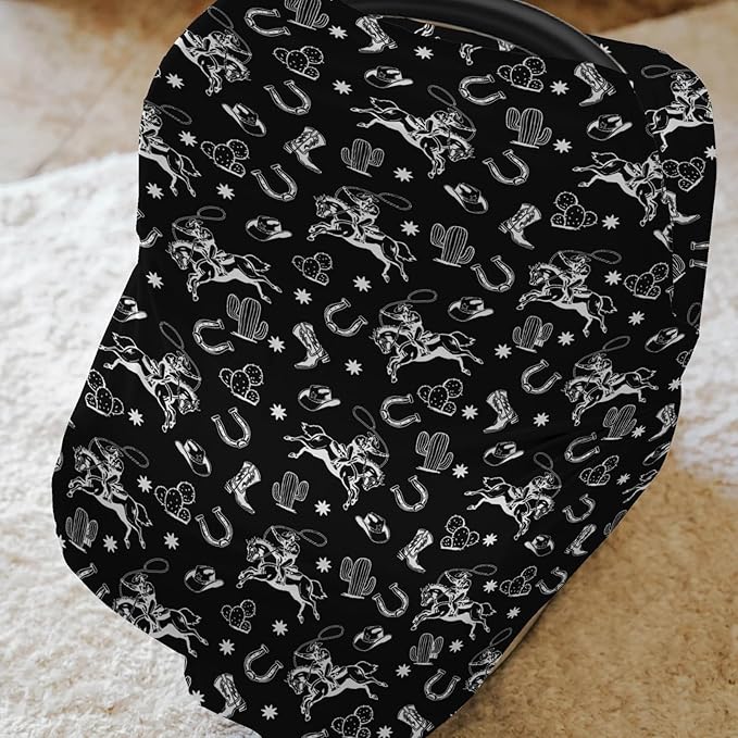 Country Western Car Seat Cover for Baby Cowboy Hat Boots Horse Cactus Stretchy 5-in-1 Covers Adjustable Car Canopy Breastfeeding Cover Wild West Desert Breathable Nursing Cover-Up-CubbioJoy