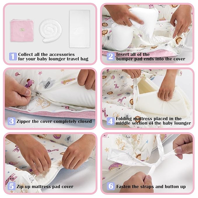 Baby Lounger for Tummy Time Portable,Baby Play mat with Strap,Newborn Lounger Inner Zipper for Boys Girls 0-24 Months,Animal World Pink-CubbioJoy