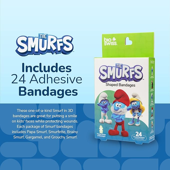 BioSwiss Bandages, The Smurfs in 3D Shaped Self Adhesive Bandage, Latex Free Sterile Wound Care, Fun First Aid Kit Supplies for Kids and Adults, 24 Count Box-CubbioJoy