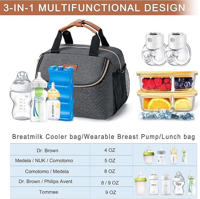 Breastmilk Cooler Bag with Ice Pack Fits 6 Baby Bottles up to 9 Ounce, Wearable Breast Pumps Cooler Bag for Nursing Mom Daycare, Work, Travel- Dark Grey-CubbioJoy