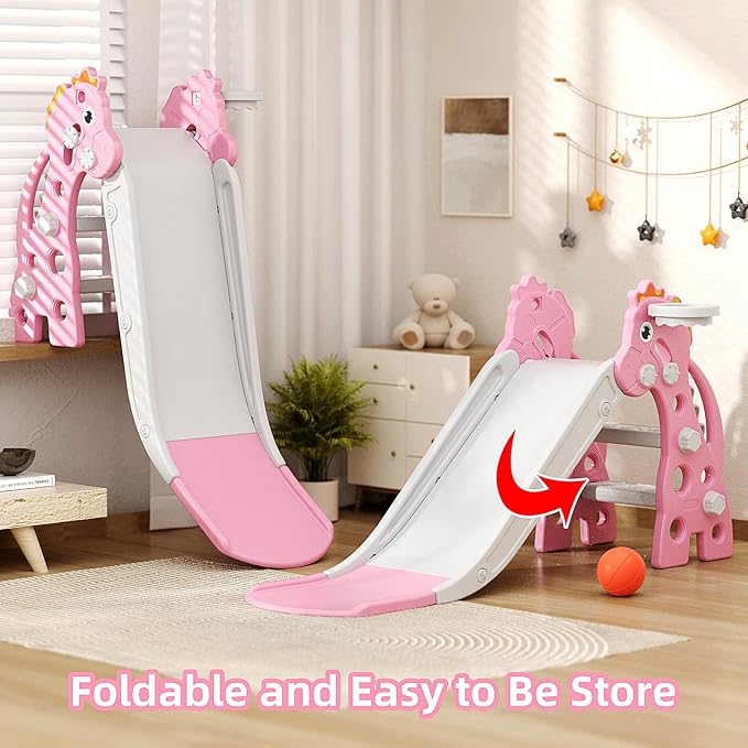67i Toddler Slide for Indoor & Outdoor Play with Basketball Hoop, Anti-Slip Steps, 46.8in Baby Climber (Pink)-CubbioJoy