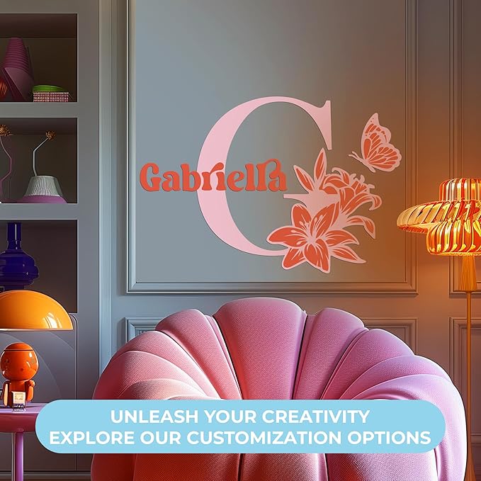 CRYPTONITE Custom Name & Initial with Lily and Butterfly I Flower Wall Decals for Bedroom Decor | Custom Decal for Girl Bedroom Decor I Pink Room Decor for Little Girl Room Decor (B. Flower)-CubbioJoy
