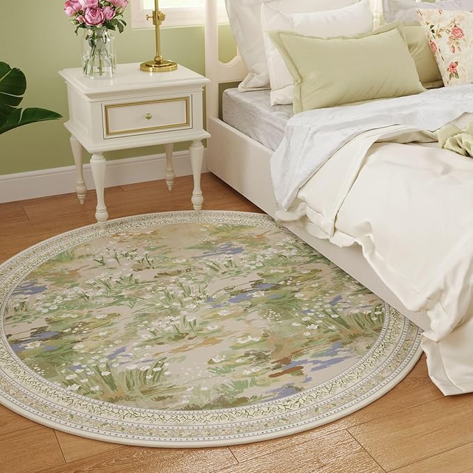 Circle Rug Impressionist-Style Vintage Round Rug 4ft Non Slip Low Pile Small Circular Rug for Bedroom Bathroom Entryway Kids Room Office College Dorm, Beige-CubbioJoy