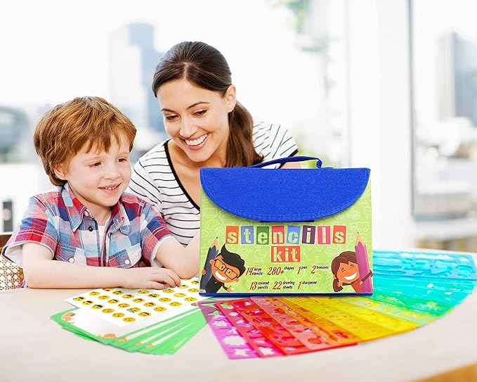 Drawing Stencils Set for Kids (55 Piece) - Arts and Crafts Set for Girls & Boys - Christmas & Birthday Gifts for Kids 4 5 6 7 8 9+ Year Old - Ideal Creativity Kit & Travel Activity with 300+ Shapes-CubbioJoy