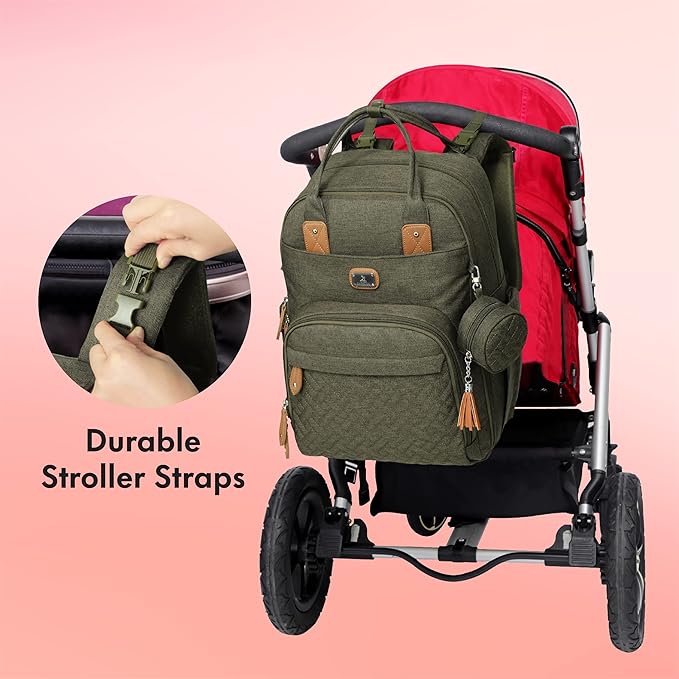 Dikaslon Diaper Bag Backpack with Portable Changing Pad, Pacifier Case and Stroller Straps, Large Unisex Baby Bags for Boys Girls, Multipurpose Travel Back Pack for Moms Dads, Army Green-CubbioJoy