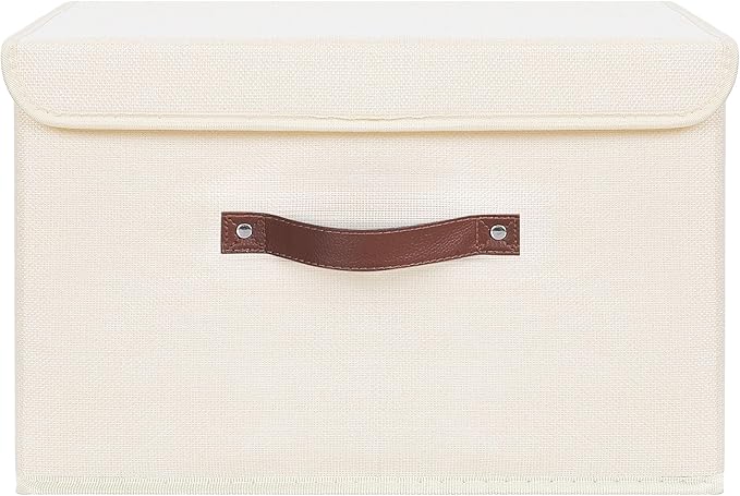 ANMINY Storage Bin with Lid Storage Boxes with PU Leather Handles PP Plastic Board Decorative Foldable Lidded Cotton Linen Fabric Home Cubes Baskets Closet Organizer Container - Beige, Large Size-CubbioJoy