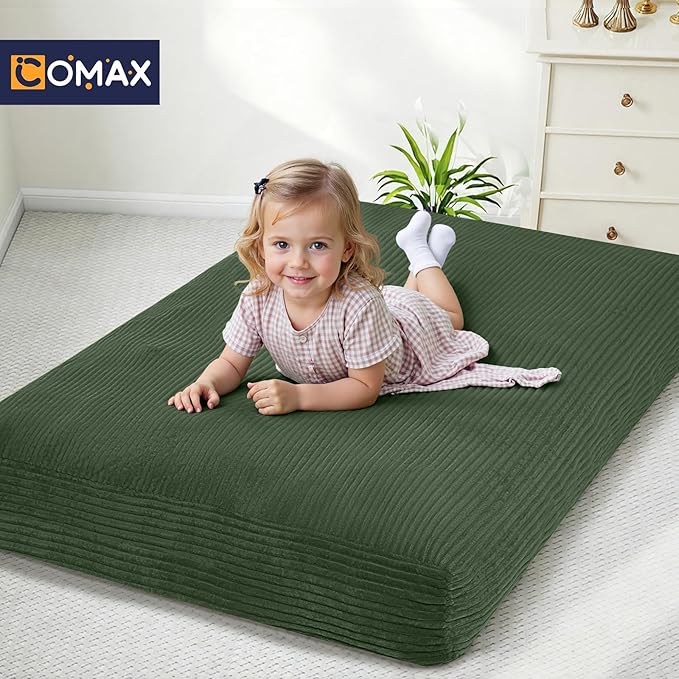 COMAX Kids Bean Bag Chair Turn into Beanbag Bed, Toddler Bean Chair Corduroy for Girl Boy Sleeping, Lazy Children Bean Bags with Filler, Convertible Child Floor Mattress, Dark Green-CubbioJoy