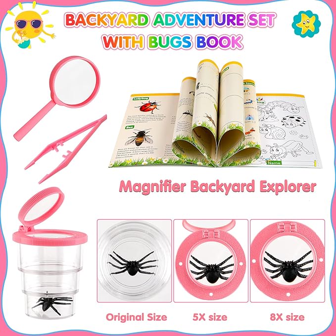 INNOCHEER Kids Explorer Kit & Bug Catcher Kit & Safari Costume Kit, Outdoor Exploration Set with Hat, Vest, Butterfly Net and Bugs Book for Boys Girls 3-12 Years Old (Camouflage Pink)-CubbioJoy