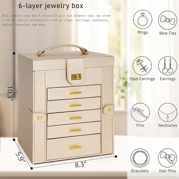 AKOZLIN 6-Tier Jewelry Box Organizer Functional Leather Jewelry Storage Case for Women Girls Ring Necklace Earring Bracelet Holder Organizer with Mirror-CubbioJoy