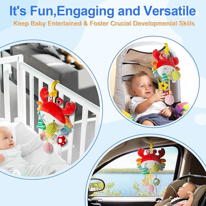 Car Seat Toy for Babies 0-6 Months, Stroller Toy with a Convenient clip, Carseat Toys Hanging Baby Accessories,Built-In Bell, Rattle,Squeaky,Mirror for infant,Babies Gift 0-3-6-12 months Boy Girl-CubbioJoy