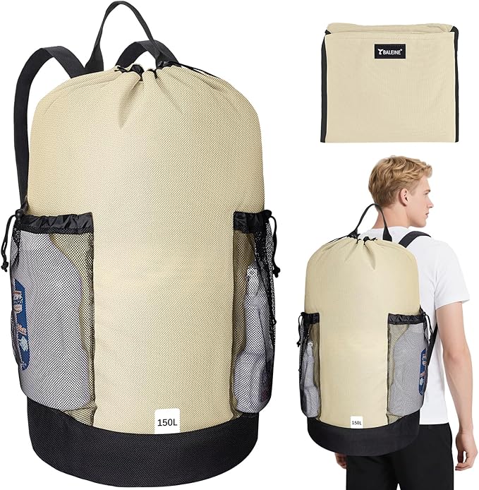 BALEINE 150L Laundry Bag Backpack, 900D Oxford Fabric Large Travel Laundry Bags with Shoulder Straps and 2 Mesh Pockets for College Dorm, Apartment, Laundromat (Beige, 150L)-CubbioJoy