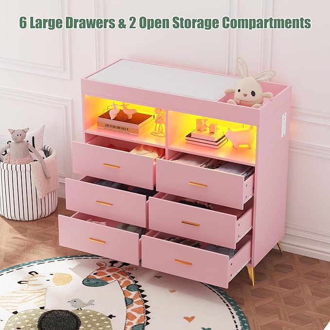 Changing Table Dresser with Drawers, Baby Dresser with Changing Table Top, Power Outlet, LED Light & Metal Feet, Diaper Changing Station Nursery Organizer for Infants Newborn, Pink-CubbioJoy