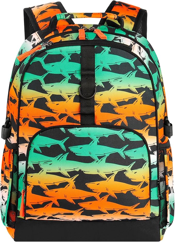 Choco Mocha Shark Backpack for Boys, Elementary School Backpack for Boys Ages 6-8 Kids Kindergarten Backpack Bookbag 17 Inch with Chest Strap-CubbioJoy