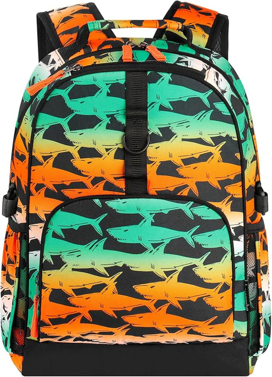 Choco Mocha Shark Backpack for Boys, Elementary School Backpack for Boys Ages 6-8 Kids Kindergarten Backpack Bookbag 17 Inch with Chest Strap-CubbioJoy