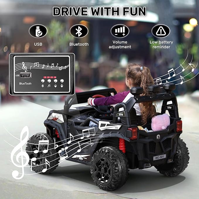 ANPABO 24V 4X4 Ride on Car Truck w/Remote Control, 4WD/2WD Switchable Kids UTV, 19" Spacious Seat, 4 Shock Absorbers, Soft Start, Music Player, Electric Car for Kids Ages 3+(Black-CubbioJoy