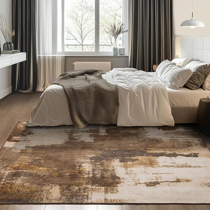 Kelarea Living Room Rug, 4x6 Rug Modern Abstract Washable Rugs Brown Foldable Faux Wool Vintage Carpets, Non Slip Rug for Bedroom, Dining Room, College Dorm, Kids Playroom, Home Office-CubbioJoy