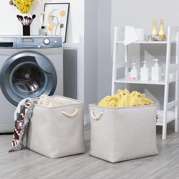 Bidtakay Fabric Beige Baskets Extra Large Organization Baskets for Clothes Set of 2 Collapsible Storage Bins for Shelves Cabinet 17x12x15 In Organizing Bins for Bedroom Blankets Pillow Towels Storage-CubbioJoy