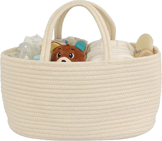 Diaper Caddy Organizer Cotton Rope Baby Basket Nursery Storage and Portable Tote Bag for Car Ideal Baby Shower Gifts and Registry Must-Have for Newborn Essentials Large beige-CubbioJoy