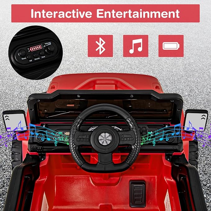 Costzon 12V Kids Ride on Truck Car, Electric Vehicle w/Remote Control, Threaded Wheels, 3 Speeds, LED Lights, Music, Horn & Wireless Connection, Battery Powered Ride on Toy for Boys & Girls 3+ (Red)-CubbioJoy