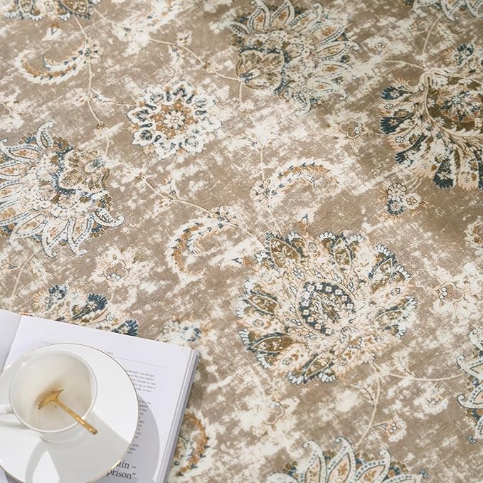 jinchan Round Rug 6ft Area Rug - Taupe Vintage Floor Mat Kitchen Indoor Ultra-Thin Soft Floral Print - Washable Circle 6' Retro Accent for Farmhouse Non Slip Dining Room Living Room Bedroom Office-CubbioJoy