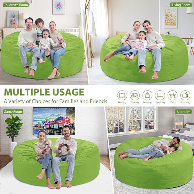 6FT Bean Bag Chair, Large Bean Bag Chairs with Memory Foam Filled, Fluffy Beanbag Sofa with Dutch Velvet Cover, Round BeanBag Chairs for Living Room, Playroom - Lime-CubbioJoy