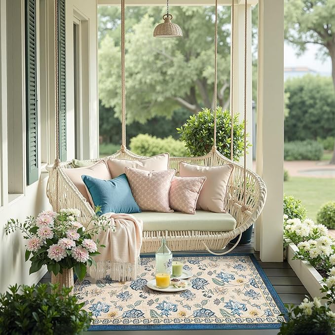 jinchan 3x5 Floral Rug for Entryway Washable Kitchen Rug Vintage Romance Design Small Mat Non Slip Indoor Doormat Lightweight Low-Profile Throw Carpet for Entrance Bathroom Laundry Room, Blue/Beige-CubbioJoy