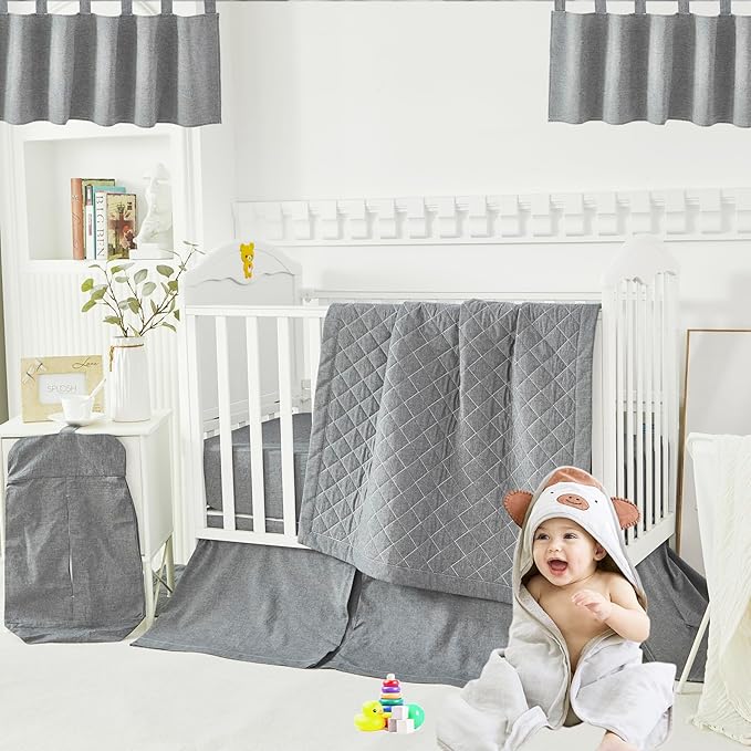 Brandream Gender Neutral Boho Bohemian Farmhouse Chic Baby Crib Bedding Set 100% Washed Cotton Like Linen Supersoft Classic Quilted Plaid Design Nursery Collection (Grey, 6-Piece)-CubbioJoy