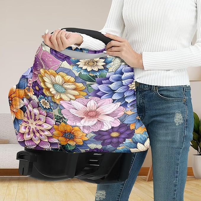 Binienty Durable Fabric Infants Carseat Canopies for Baby Girls Boys,Bohemian Flower Design, Baby Stroller Cover-CubbioJoy