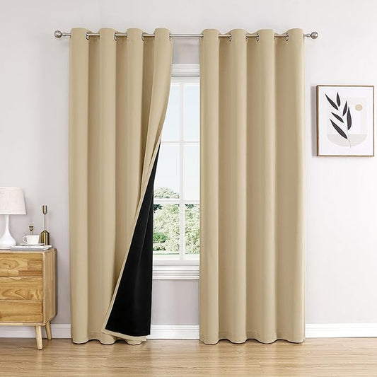 ChrisDowa 100% Blackout Curtains 108 inch Long for Bedroom with Black Liner, 2 Thick Layers Total Blackout Thermal Insulated Grommet Window Curtains 2 Panels Set (Beige, 52 x 108 Inch)-CubbioJoy