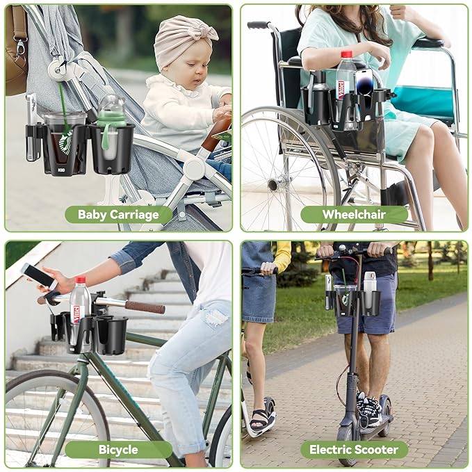 KDD Stroller Cup Holder with Phone Holder, 3-in-1 Removable Bottle Holder, 360 Degrees Rotation Drink Holder for Wheelchair, Stroller, Bike, Walker, Scooter, Bicycle, Uppababy, Bugaboo, Britax-CubbioJoy